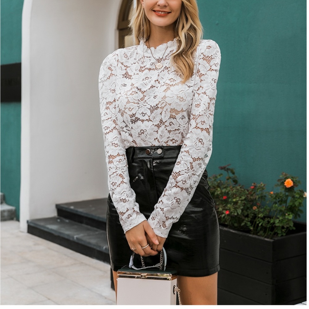 New!  Dreamy White Lace Mock Neck Puff Sleeve Top - Picture 7 of 8